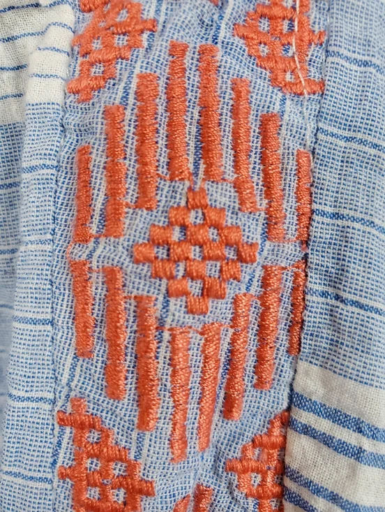 Democracy Blue Striped Boho Peasant Top with Red Embroidery and Lace Trim - Picture 10 of 14